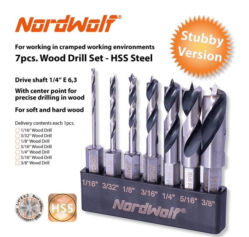NordWolf 7-Piece HSS Brad Point Stubby Wood Drill Bit Set with 1/4"" Hex Shank for Carpenter Woodworking, SAE Sizes 1/16""-3/32""-1/8""-3/16""-1/4""-5/16""-3/8"" - Image 2